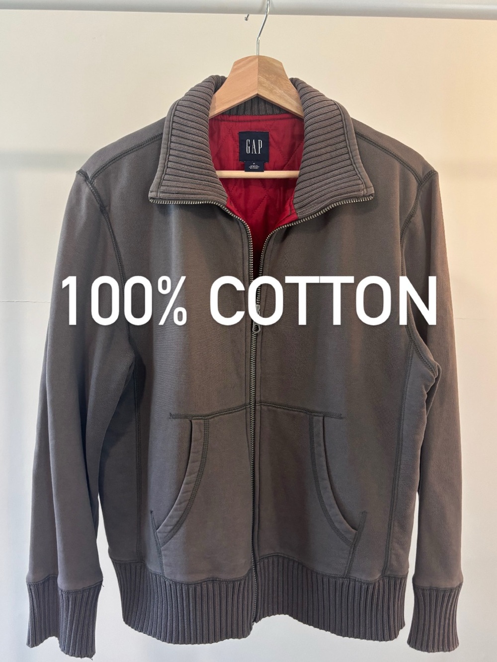 GAP Men’s Gray Full-Zip Cotton Jacket with Red Lining | Cotton | Size S